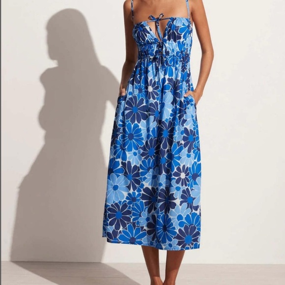 FAITHFULL THE BRAND Adalyn Midi Dress Blue Canaria Print Smocked Size 2 XS Small - Picture 16 of 16